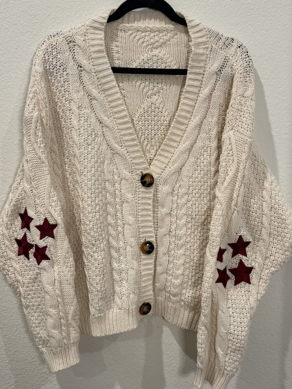 Taylor Swift Folklore Cardigan XS/SM Cream Cable Knit Burgundy Star Patches